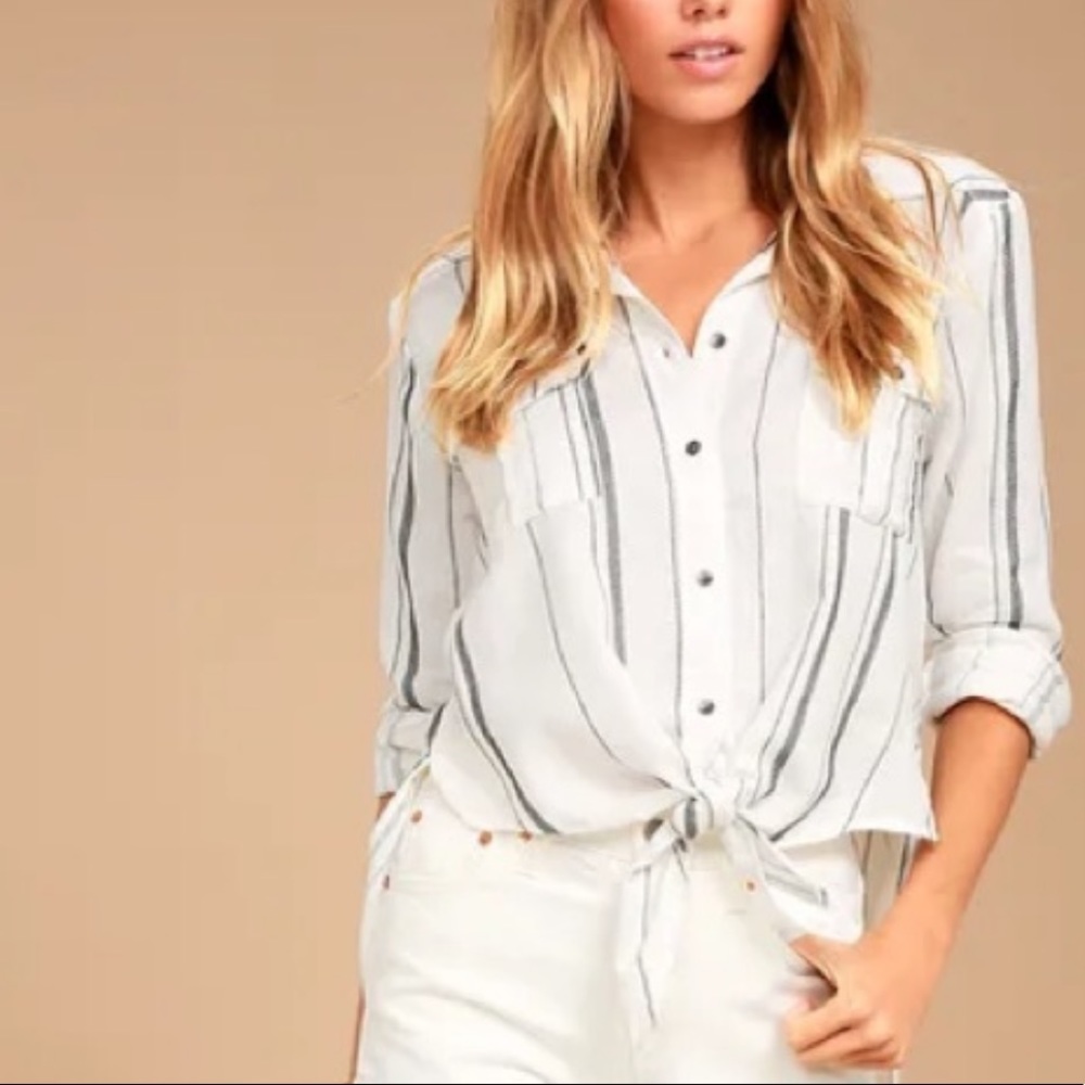 Women's Cream Stripe Button-Front Tie Hem Shirt